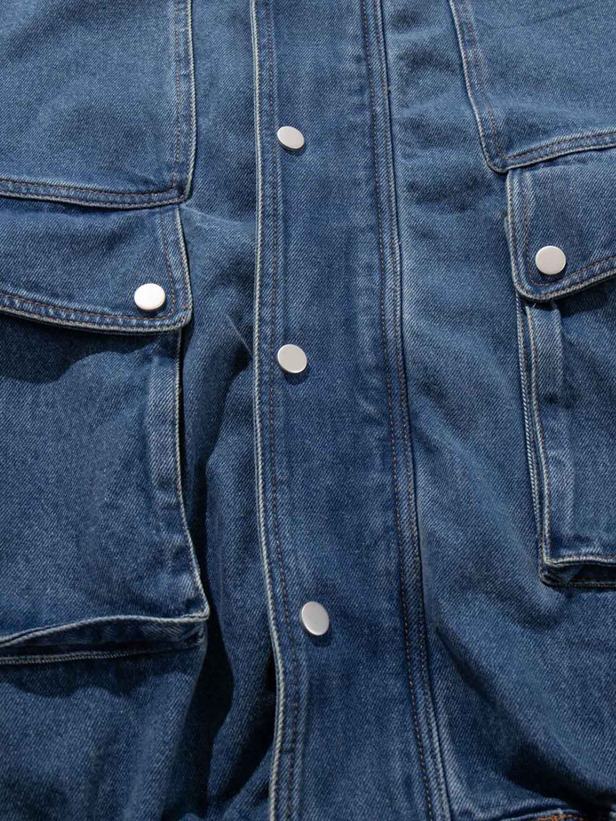 Metal Buckle Paneled Denim Jacket; Blue / M, Blue / L, Blue / XL, Blue / 2XL