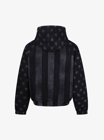 Distressed Star Print Denim Boxy American Vintage Hoodie; Black / M, Black / L, Black / XL