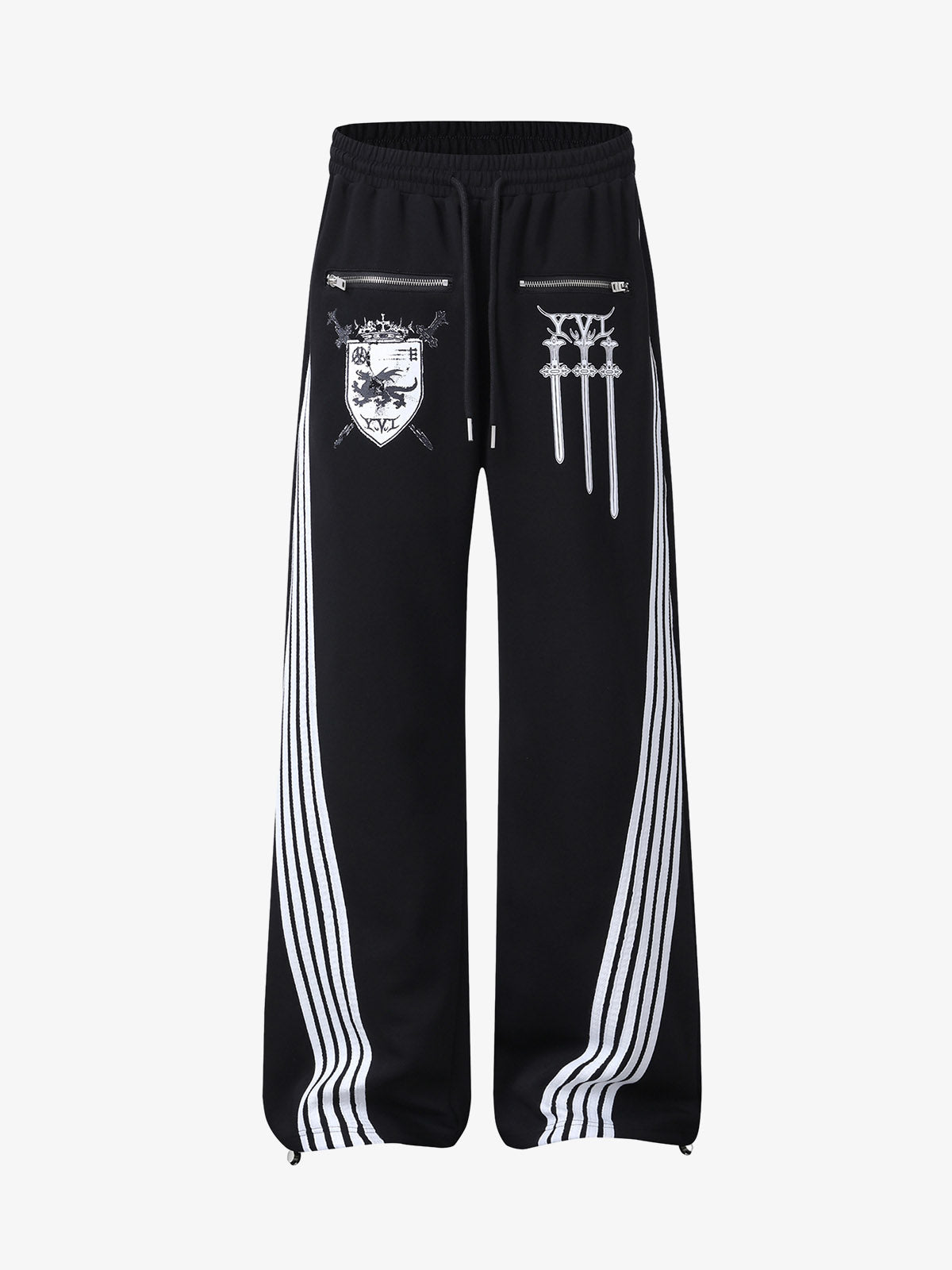 Crest & Sword Graphic Side Stripe Sweatpants; Black / L, Black / XL, Black / 2XL