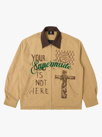 Supermade Slogan Print Color-Blocked Embroidered Retro Canvas Jacket; Khaki / S, Khaki / M, Khaki / L, Khaki / XL, Khaki / 2XL