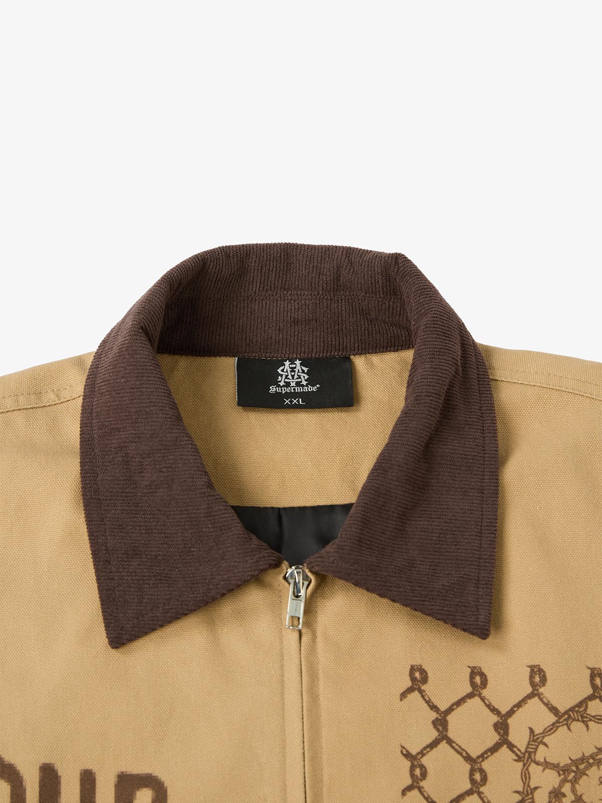 Supermade Slogan Print Color-Blocked Embroidered Retro Canvas Jacket; Khaki / S, Khaki / M, Khaki / L, Khaki / XL, Khaki / 2XL