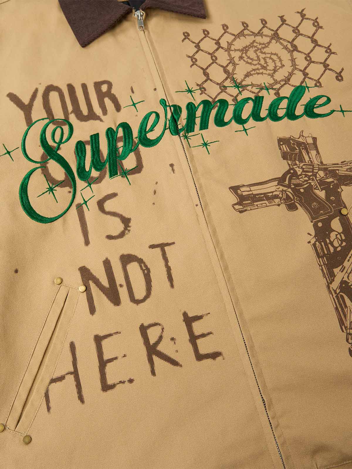 Supermade Slogan Print Color-Blocked Embroidered Retro Canvas Jacket; Khaki / S, Khaki / M, Khaki / L, Khaki / XL, Khaki / 2XL