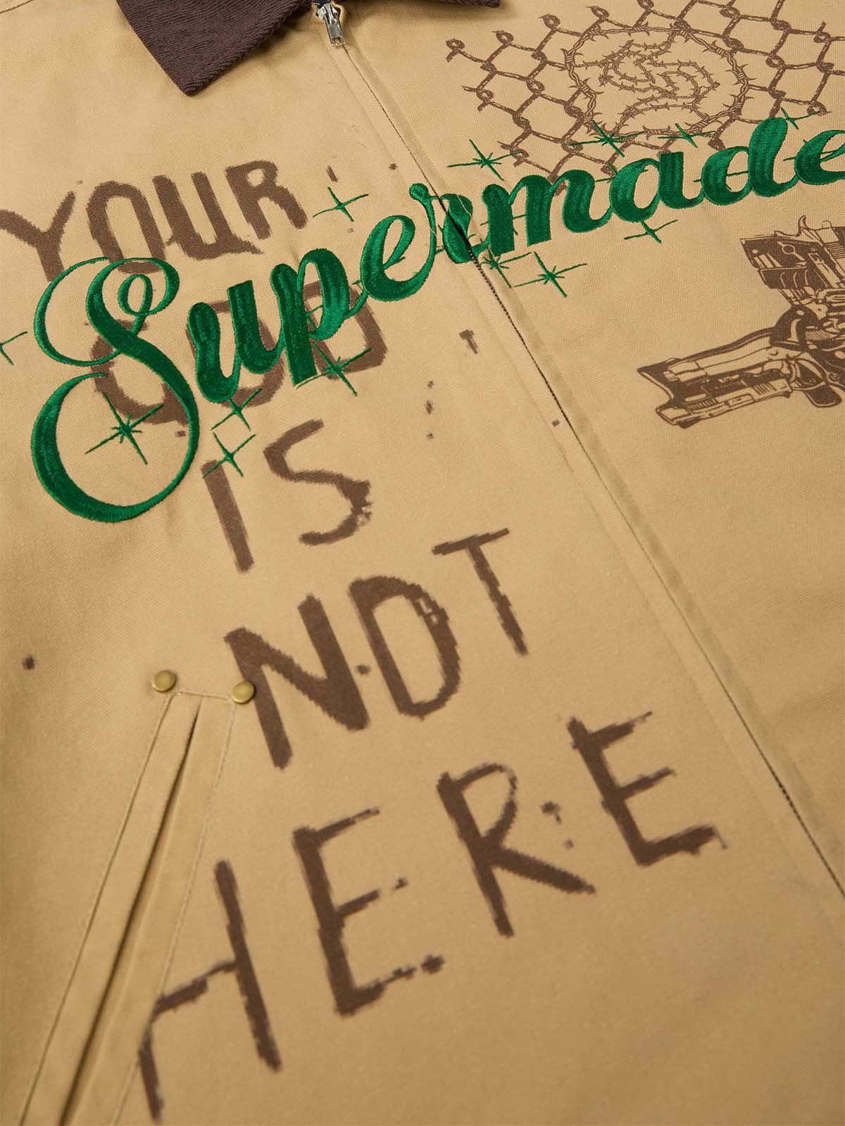 Supermade Slogan Print Color-Blocked Embroidered Retro Canvas Jacket; Khaki / S, Khaki / M, Khaki / L, Khaki / XL, Khaki / 2XL