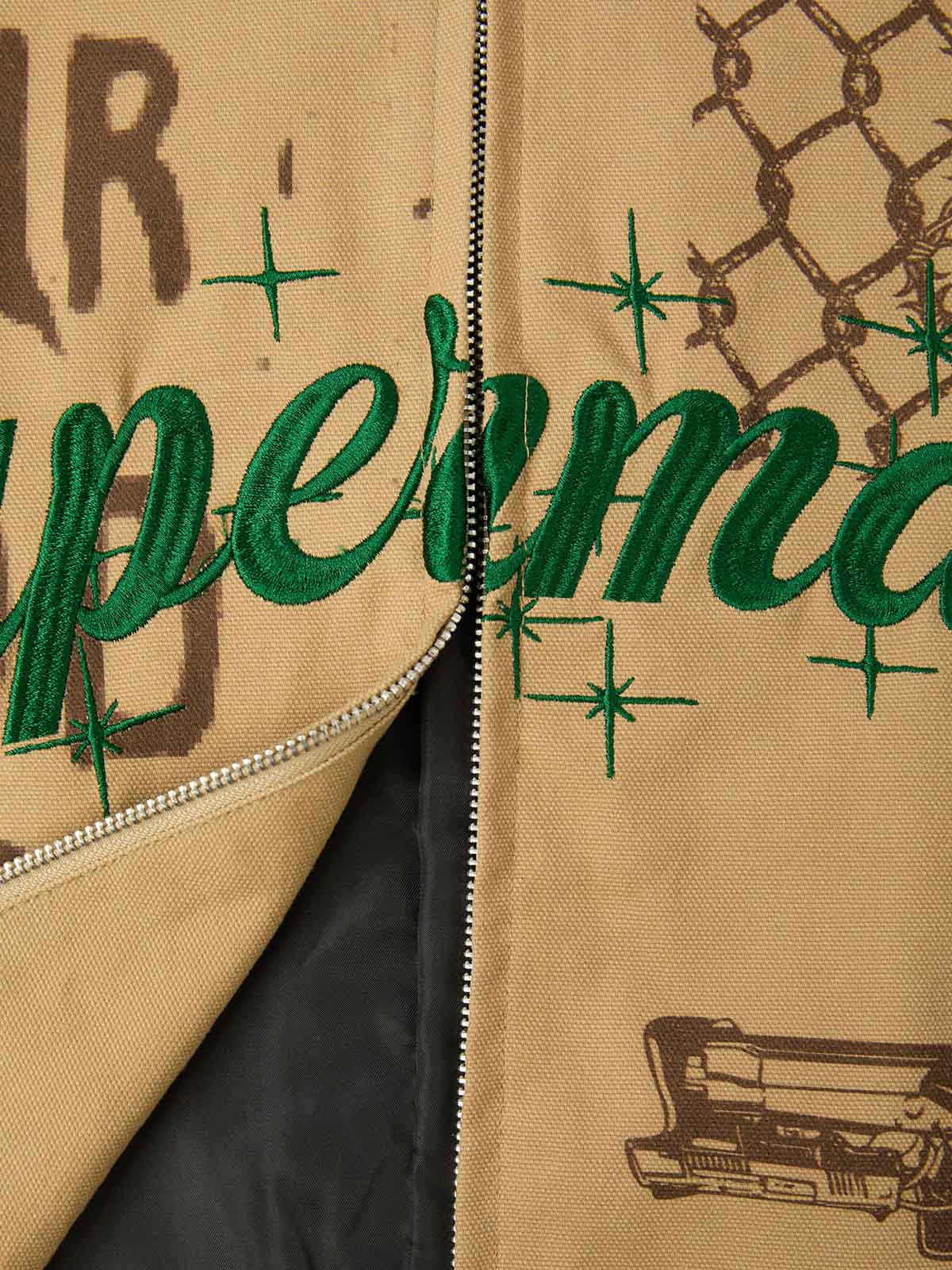 Supermade Slogan Print Color-Blocked Embroidered Retro Canvas Jacket; Khaki / S, Khaki / M, Khaki / L, Khaki / XL, Khaki / 2XL
