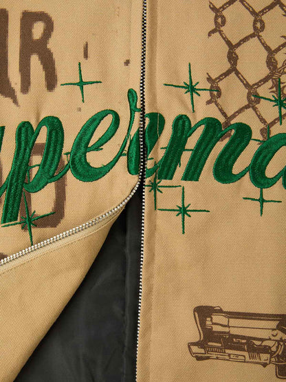 Supermade Slogan Print Color-Blocked Embroidered Retro Canvas Jacket; Khaki / S, Khaki / M, Khaki / L, Khaki / XL, Khaki / 2XL