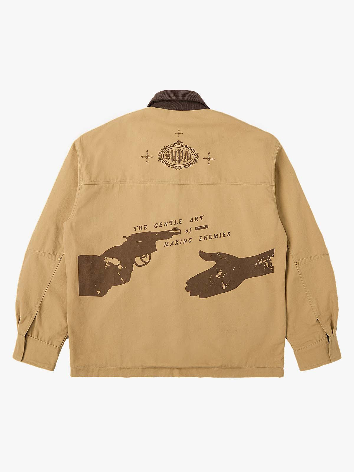Supermade Slogan Print Color-Blocked Embroidered Retro Canvas Jacket; Khaki / S, Khaki / M, Khaki / L, Khaki / XL, Khaki / 2XL