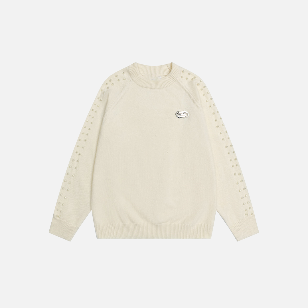 Stylish Oversized Pearl Detail Round Neck Sweater