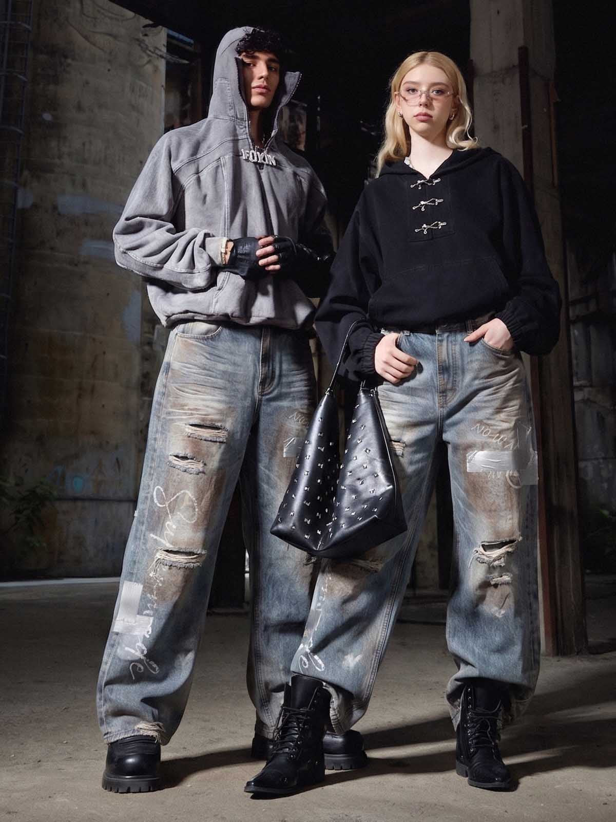 Foil-Tape Distressed Ripped Heavyweight Jeans; Washed Denim Blue / S, Washed Denim Blue / M, Washed Denim Blue / L, Washed Denim Blue / XL, Washed Denim Blue / 2XL