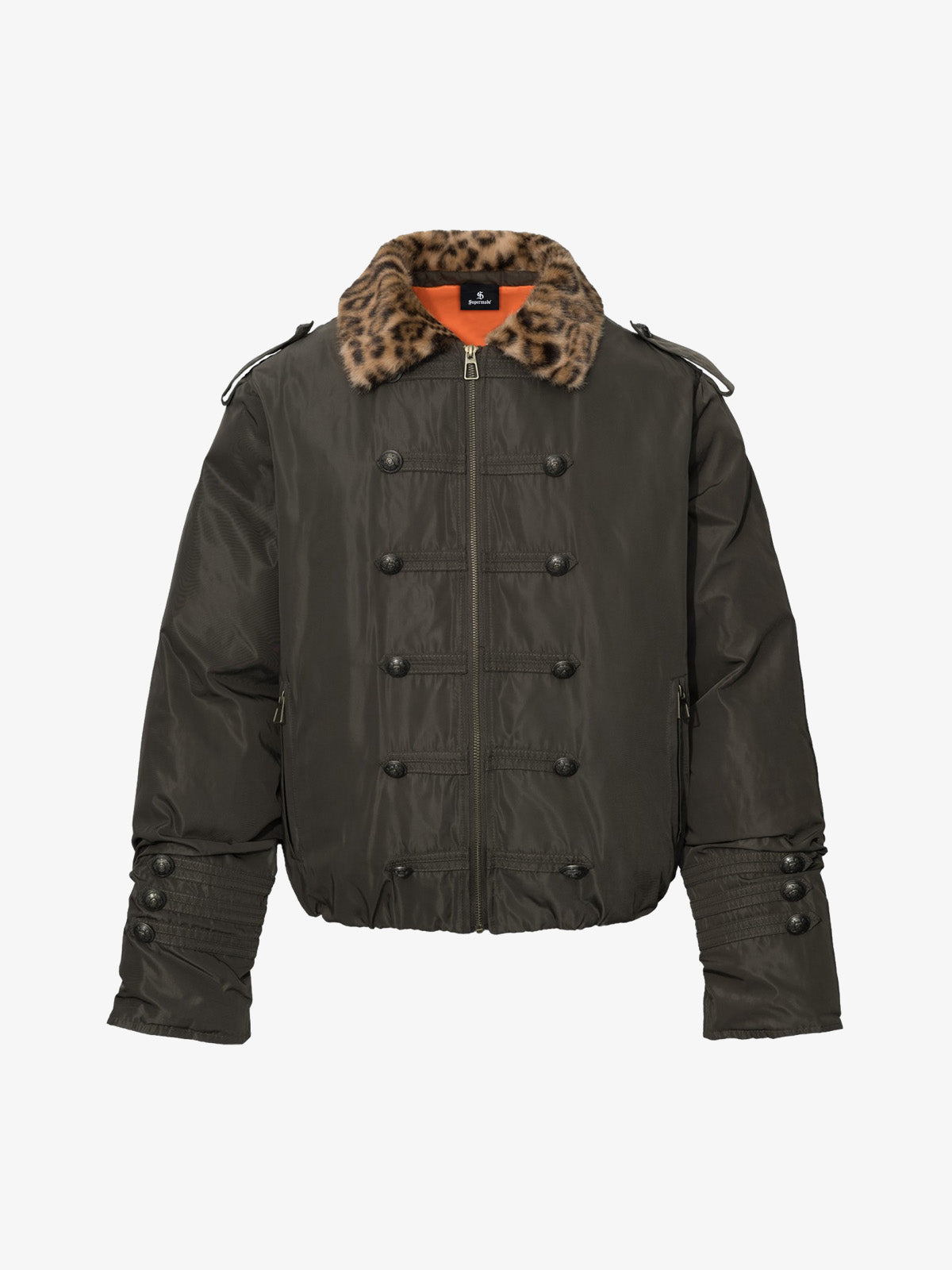 Leopard Faux-Fur Collar Button-Front Padded Coat; Deep Olive Green / S, Deep Olive Green / M, Deep Olive Green / L, Deep Olive Green / XL
