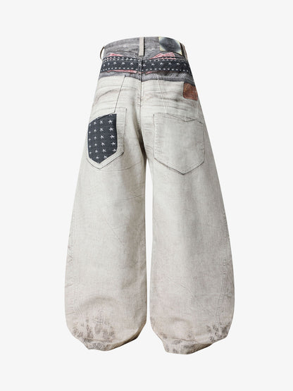 3D Print Double Waist Barrel Baggy Jeans; White / S, White / M, White / L, White / XL