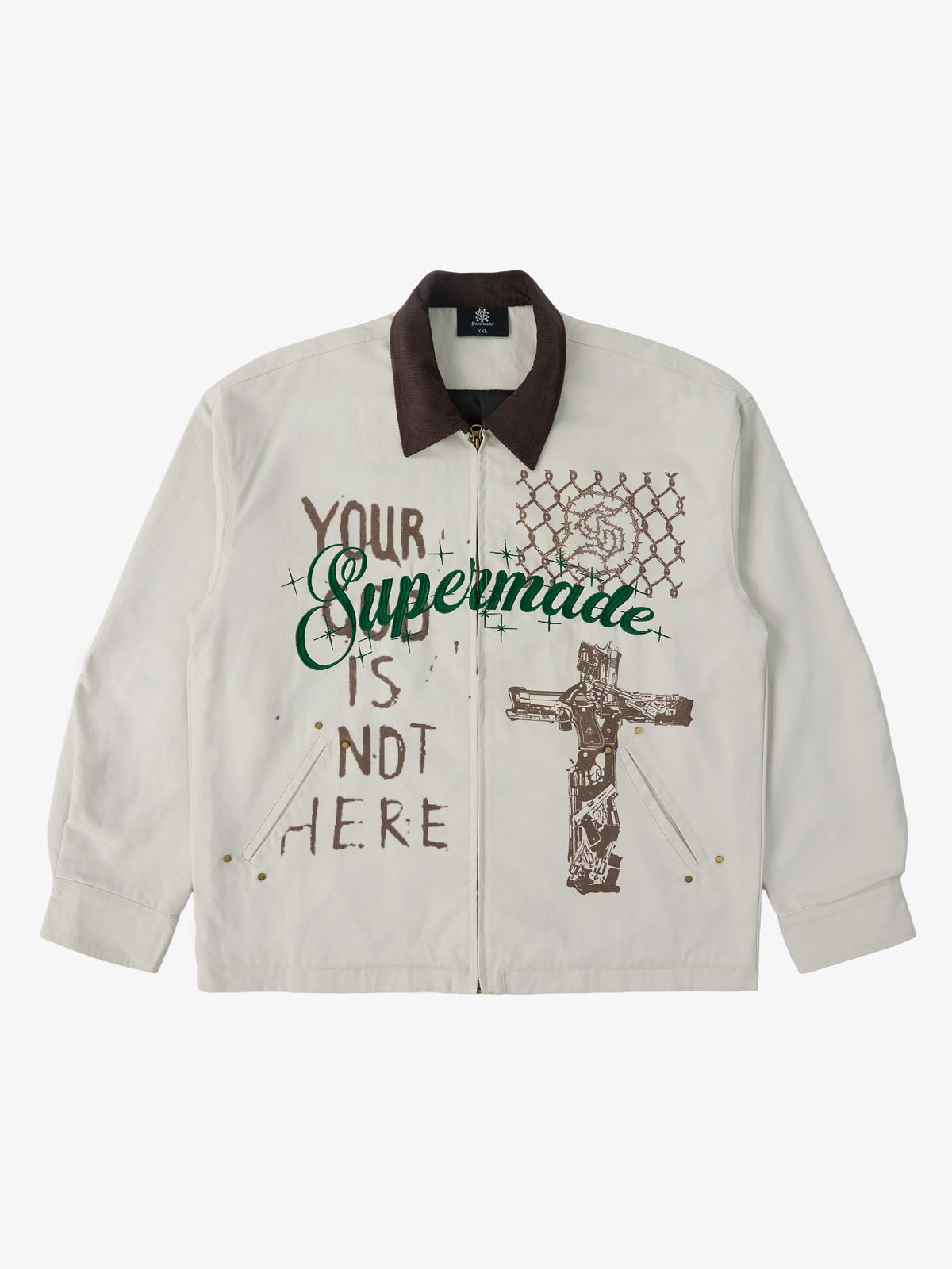 Supermade Slogan Print Color-Blocked Embroidered Retro Canvas Jacket; Off-White / S, Off-White / M, Off-White / L, Off-White / XL, Off-White / 2XL