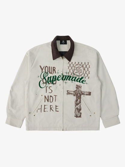 Supermade Slogan Print Color-Blocked Embroidered Retro Canvas Jacket; Off-White / S, Off-White / M, Off-White / L, Off-White / XL, Off-White / 2XL