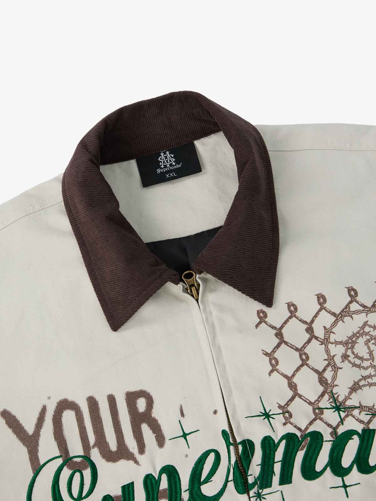 Supermade Slogan Print Color-Blocked Embroidered Retro Canvas Jacket; Off-White / S, Off-White / M, Off-White / L, Off-White / XL, Off-White / 2XL