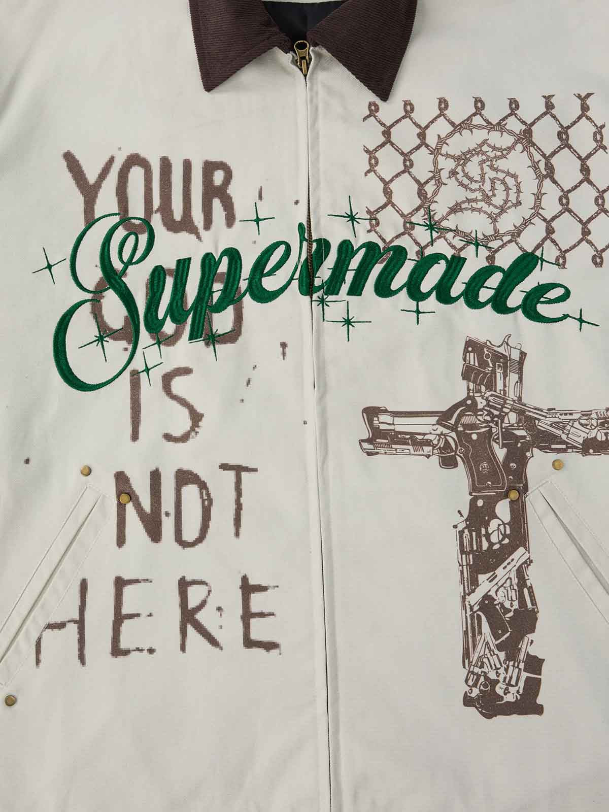 Supermade Slogan Print Color-Blocked Embroidered Retro Canvas Jacket; Off-White / S, Off-White / M, Off-White / L, Off-White / XL, Off-White / 2XL