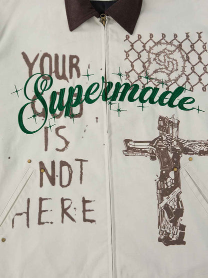 Supermade Slogan Print Color-Blocked Embroidered Retro Canvas Jacket; Off-White / S, Off-White / M, Off-White / L, Off-White / XL, Off-White / 2XL