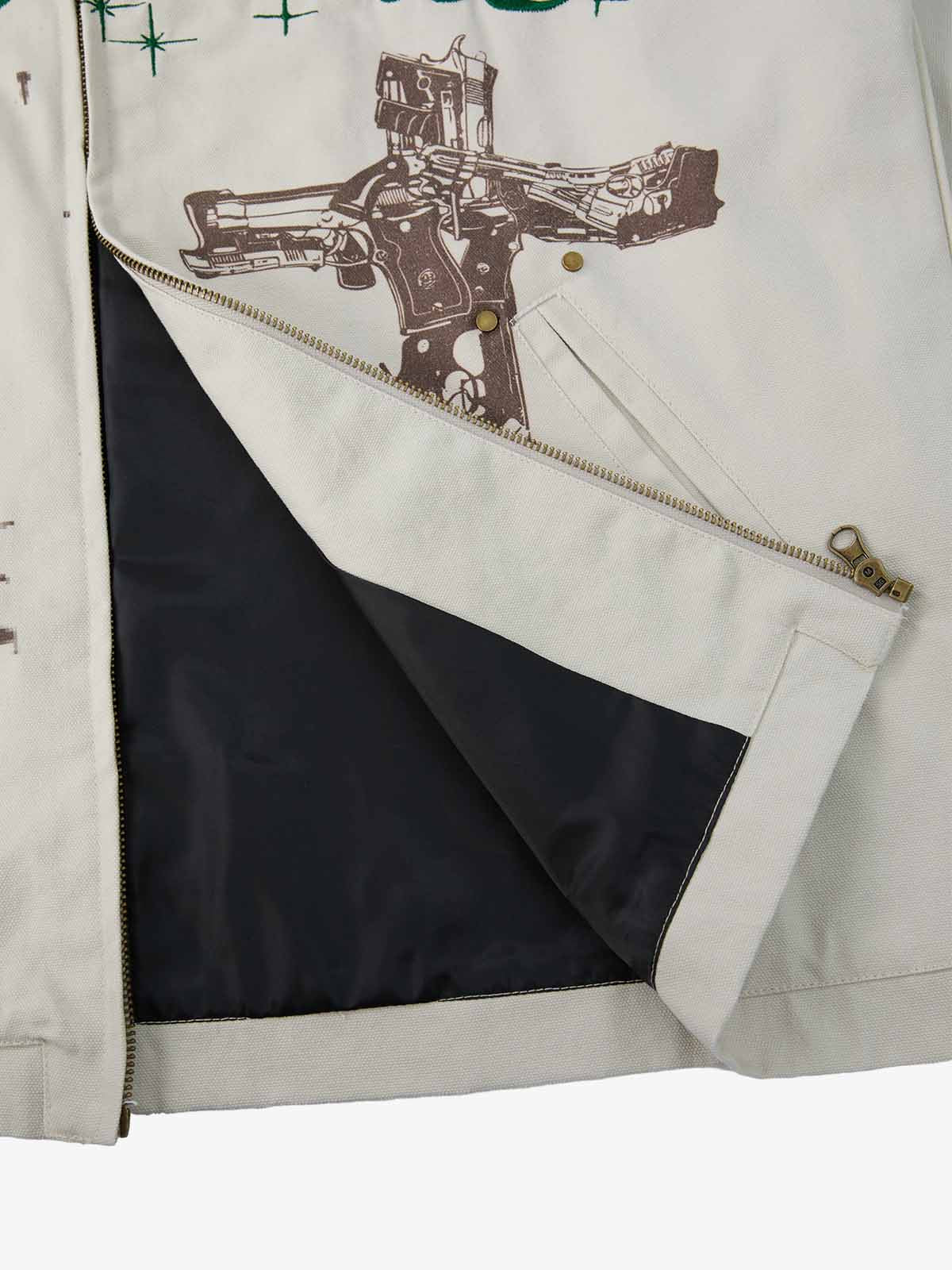 Supermade Slogan Print Color-Blocked Embroidered Retro Canvas Jacket; Off-White / S, Off-White / M, Off-White / L, Off-White / XL, Off-White / 2XL