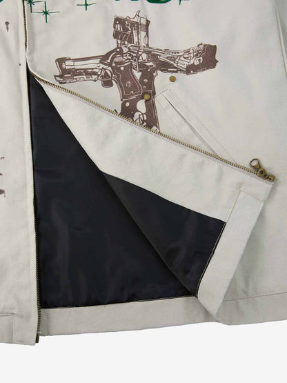 Supermade Slogan Print Color-Blocked Embroidered Retro Canvas Jacket; Off-White / S, Off-White / M, Off-White / L, Off-White / XL, Off-White / 2XL