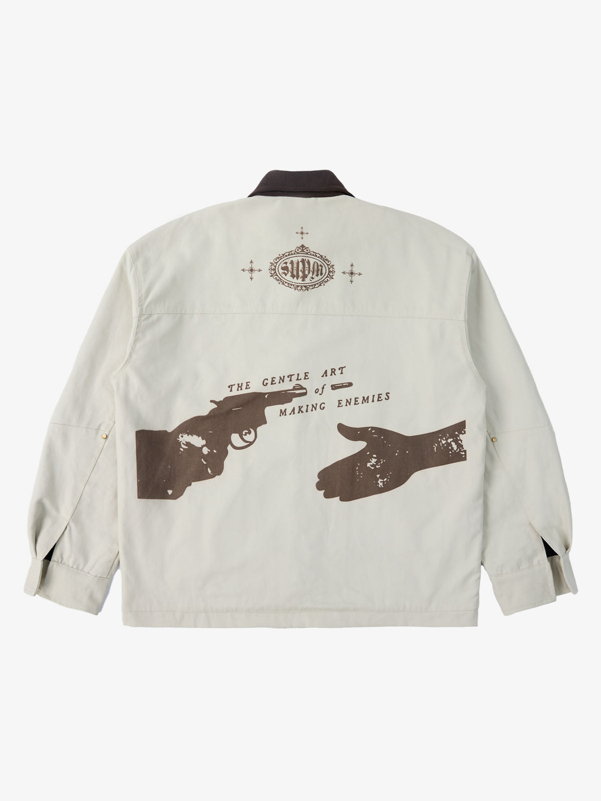 Supermade Slogan Print Color-Blocked Embroidered Retro Canvas Jacket; Off-White / S, Off-White / M, Off-White / L, Off-White / XL, Off-White / 2XL