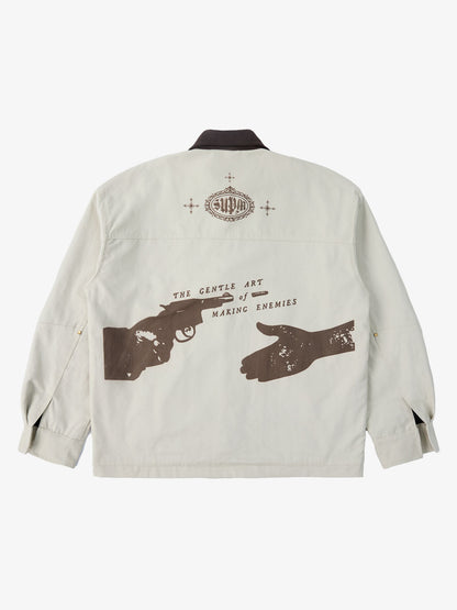 Supermade Slogan Print Color-Blocked Embroidered Retro Canvas Jacket; Off-White / S, Off-White / M, Off-White / L, Off-White / XL, Off-White / 2XL