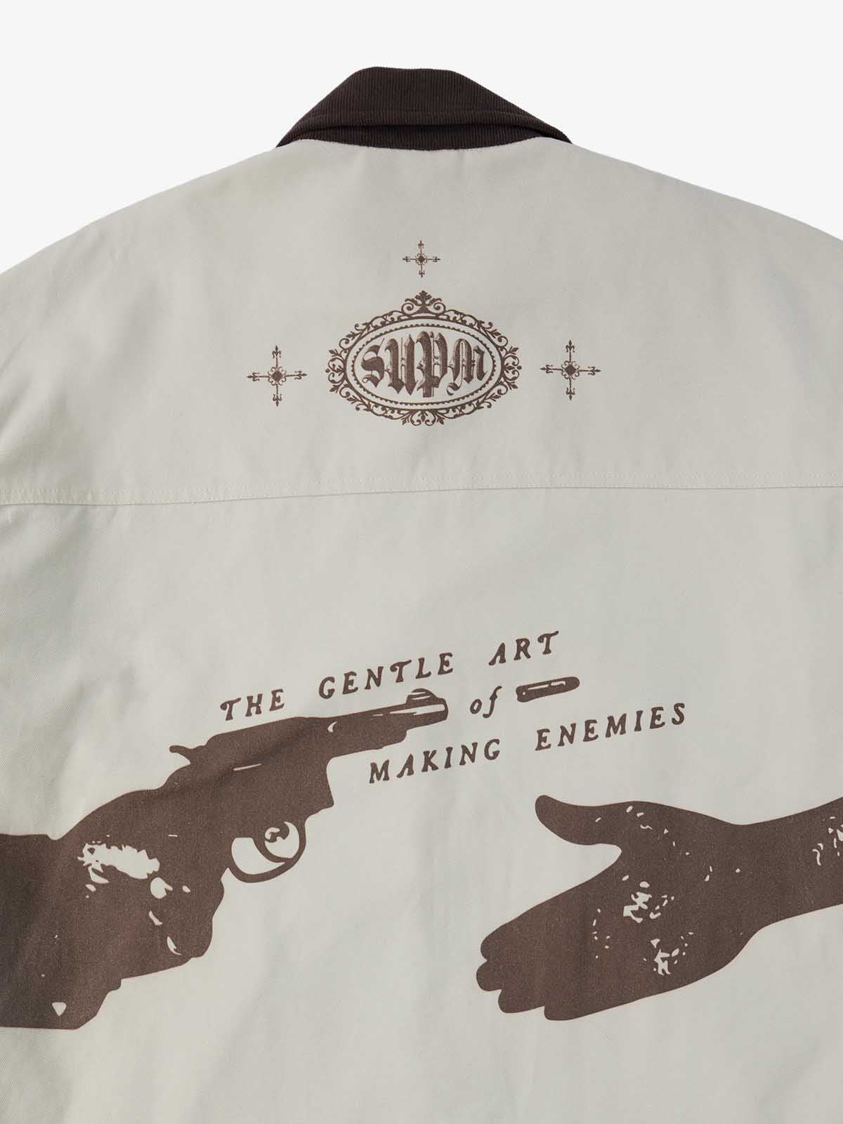 Supermade Slogan Print Color-Blocked Embroidered Retro Canvas Jacket; Off-White / S, Off-White / M, Off-White / L, Off-White / XL, Off-White / 2XL
