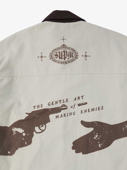 Supermade Slogan Print Color-Blocked Embroidered Retro Canvas Jacket; Off-White / S, Off-White / M, Off-White / L, Off-White / XL, Off-White / 2XL