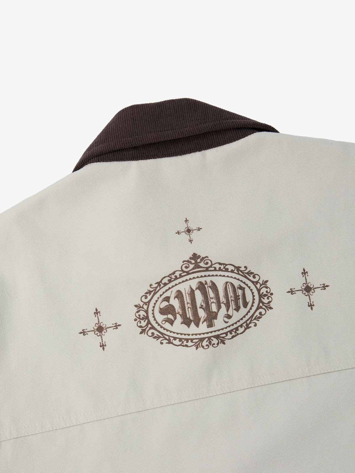 Supermade Slogan Print Color-Blocked Embroidered Retro Canvas Jacket; Off-White / S, Off-White / M, Off-White / L, Off-White / XL, Off-White / 2XL