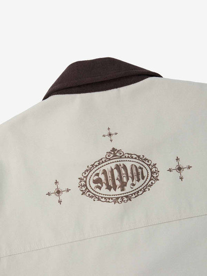 Supermade Slogan Print Color-Blocked Embroidered Retro Canvas Jacket; Off-White / S, Off-White / M, Off-White / L, Off-White / XL, Off-White / 2XL