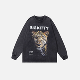 Oversized Washed Black Tiger Graphic Long Sleeve T-Shirt