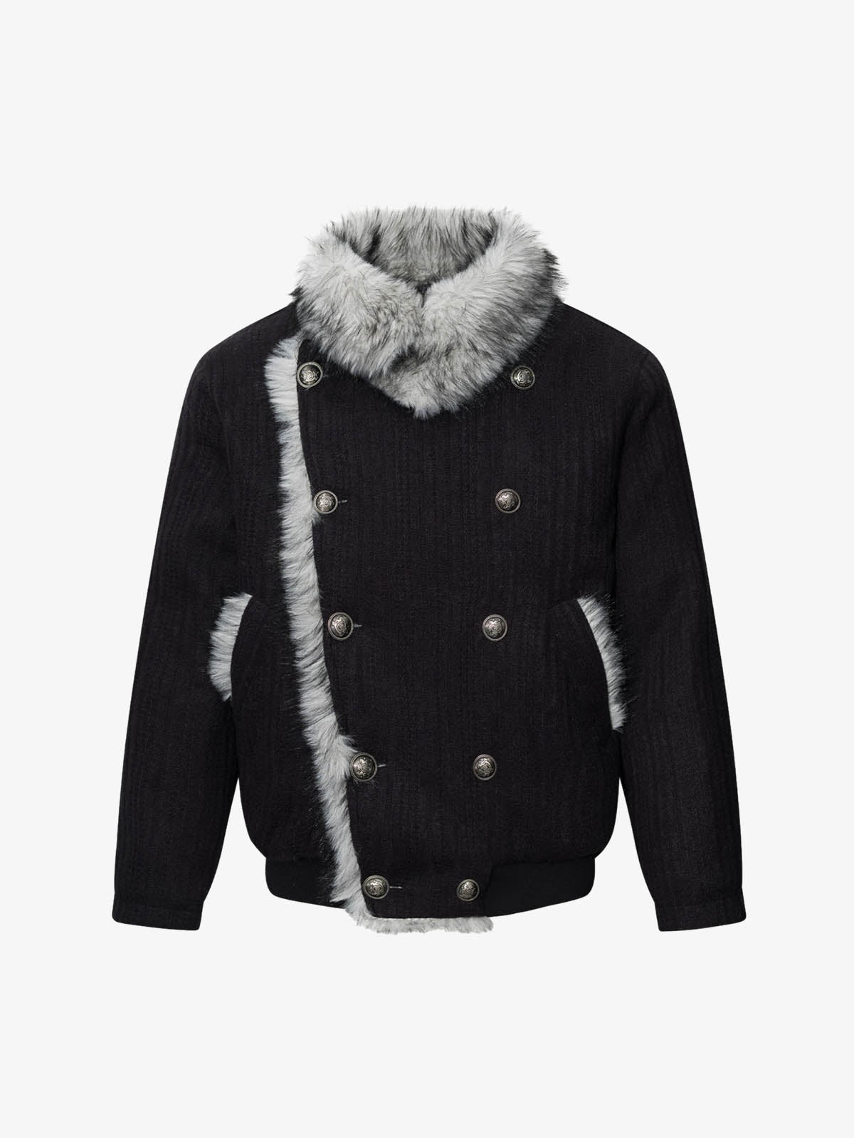 Striped Faux-Fur Collar Puffer Coat; Black / S, Black / M, Black / L, Black / XL