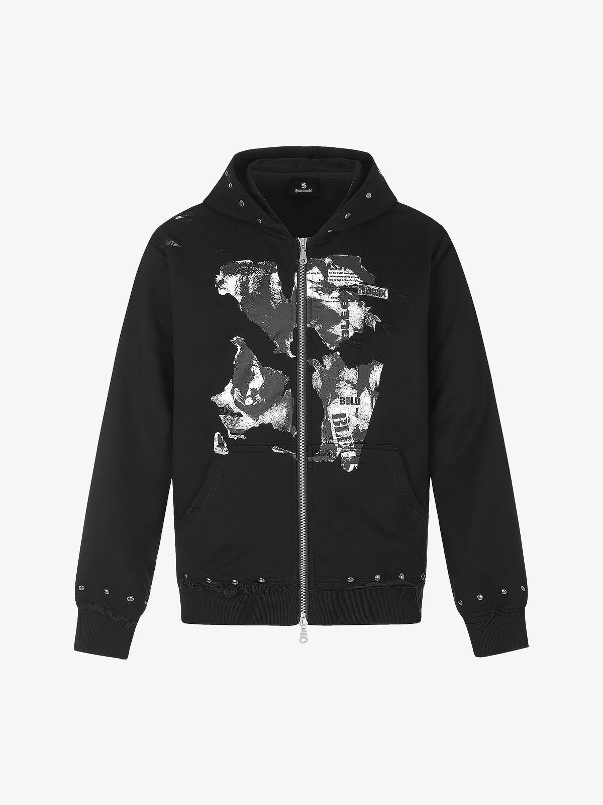 Studded Zip-Up Hooded Punk Sweatshirt Jacket; Black / S, Black / M, Black / L, Black / XL
