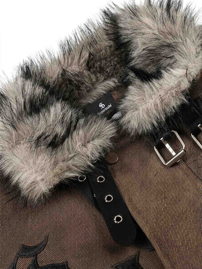 Embroidered Faux-Fur Collar Oversized Distressed Bomber Jacket; Brown / S, Brown / M, Brown / L, Brown / XL, Brown / 2XL