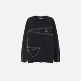 Streetwear Distressed Chain Detail Zipper Knit Sweater