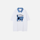 Embroidery Turn Down Collar Patch Cat Hip Hop T-Shirt
