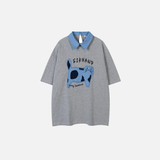 Embroidery Turn Down Collar Patch Cat Hip Hop T-Shirt