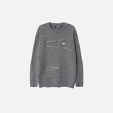 Streetwear Distressed Chain Detail Zipper Knit Sweater