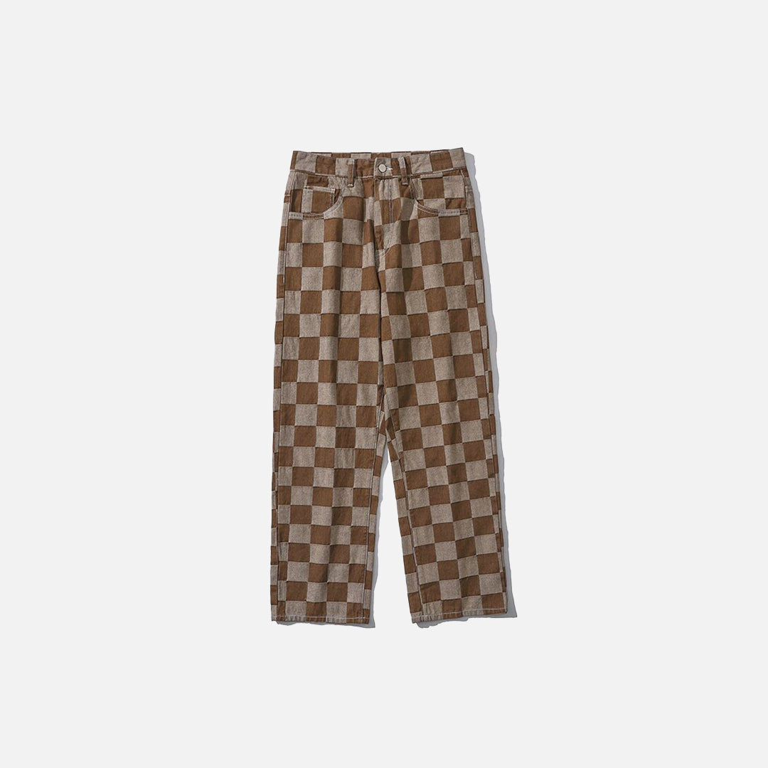 Brown Plaid-Allover Denim Jeans