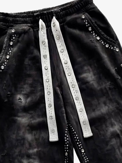Distressed Rhinestone Sweatpants; Black / S, Black / M, Black / L, Black / XL, Black / 2XL