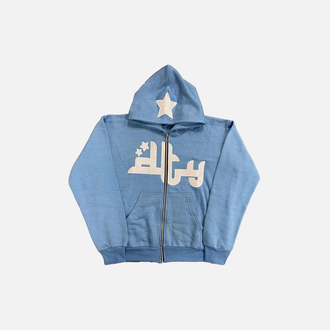 A front view of the sky blue DTY Hoodies in a gray background 