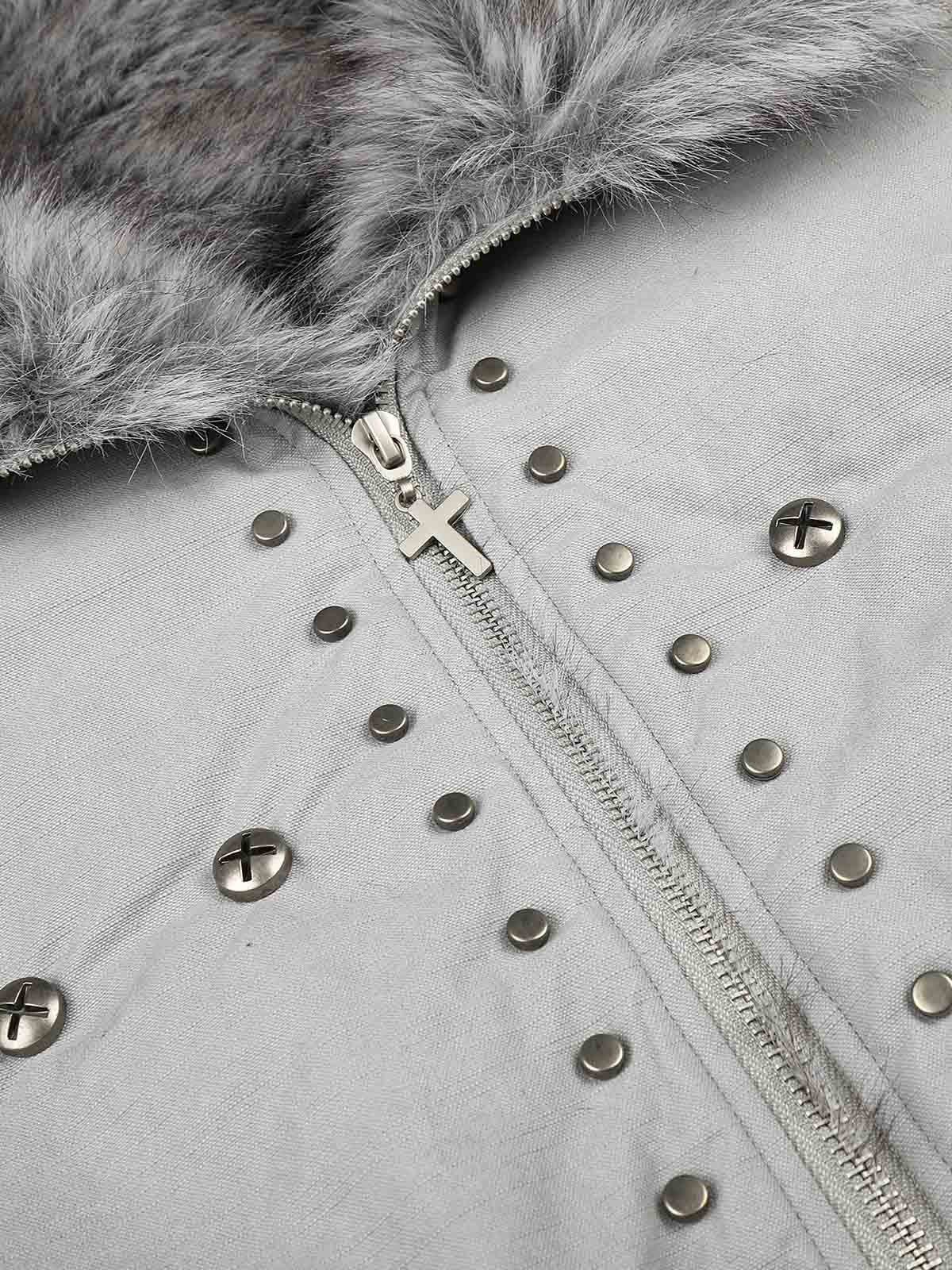 Studded Faux-Fur Collar Bomber Coat; Gray / S, Gray / M, Gray / L, Gray / XL