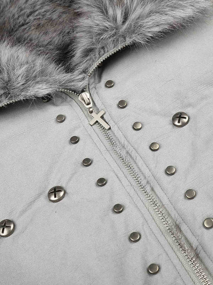 Studded Faux-Fur Collar Bomber Coat; Gray / S, Gray / M, Gray / L, Gray / XL