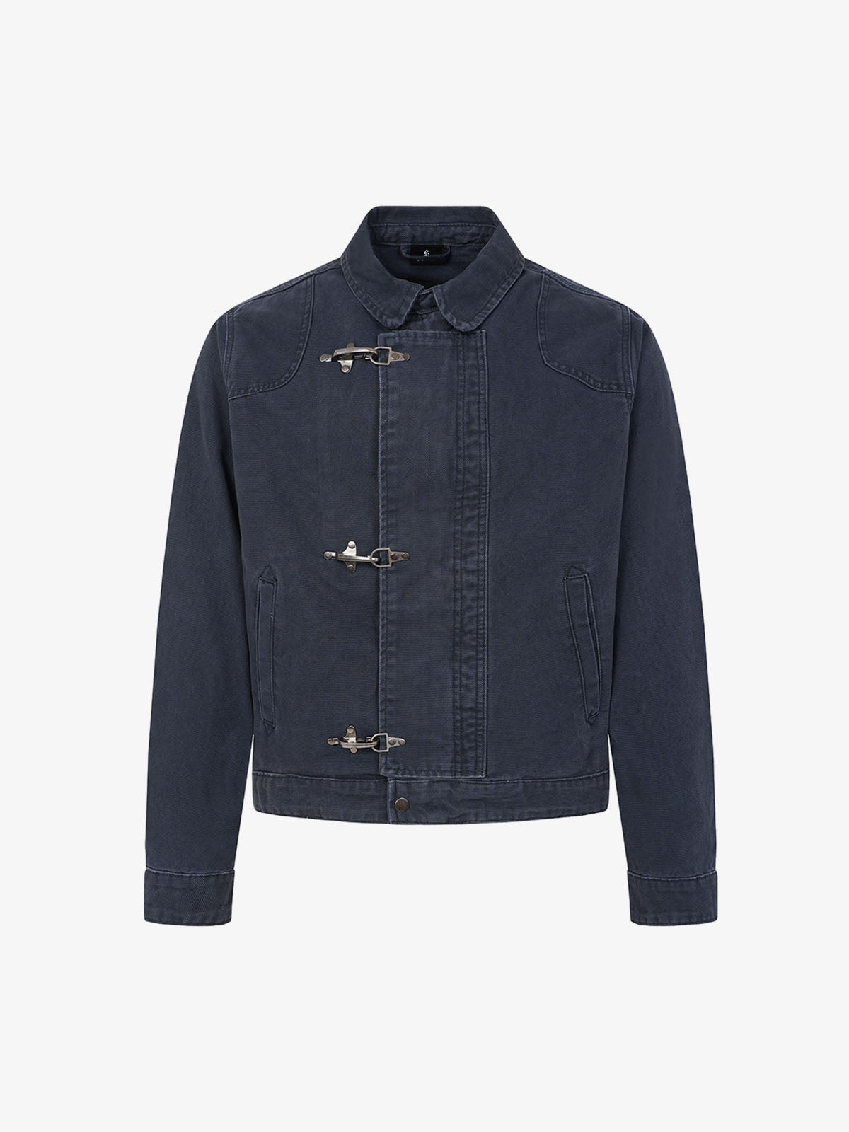 Distressed Metal Airplane-Buckle Work Jacket; Blue / M, Blue / L, Blue / XL, Blue / 2XL, Blue / 3XL
