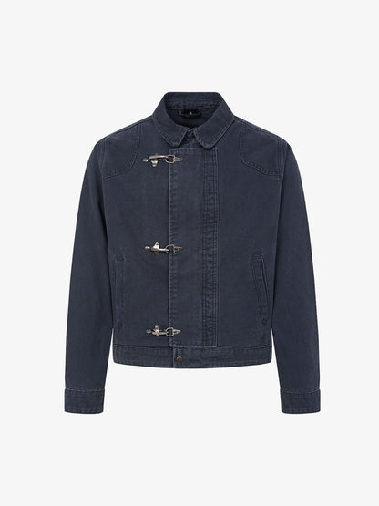 Distressed Metal Airplane-Buckle Work Jacket; Blue / M, Blue / L, Blue / XL, Blue / 2XL, Blue / 3XL