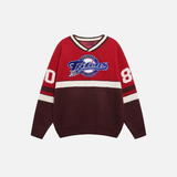 Y2K Contrast Color Stitching V Neck Racing Sweater