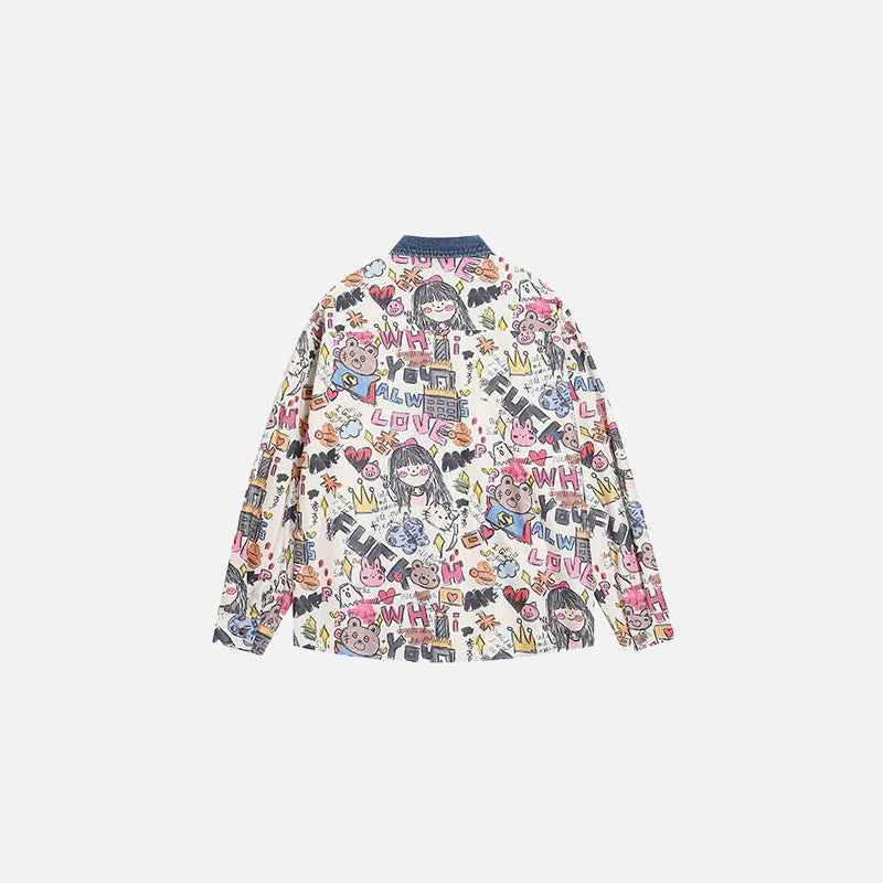 Back view of the white Animated Graffiti Patterned Shirt in a gray background