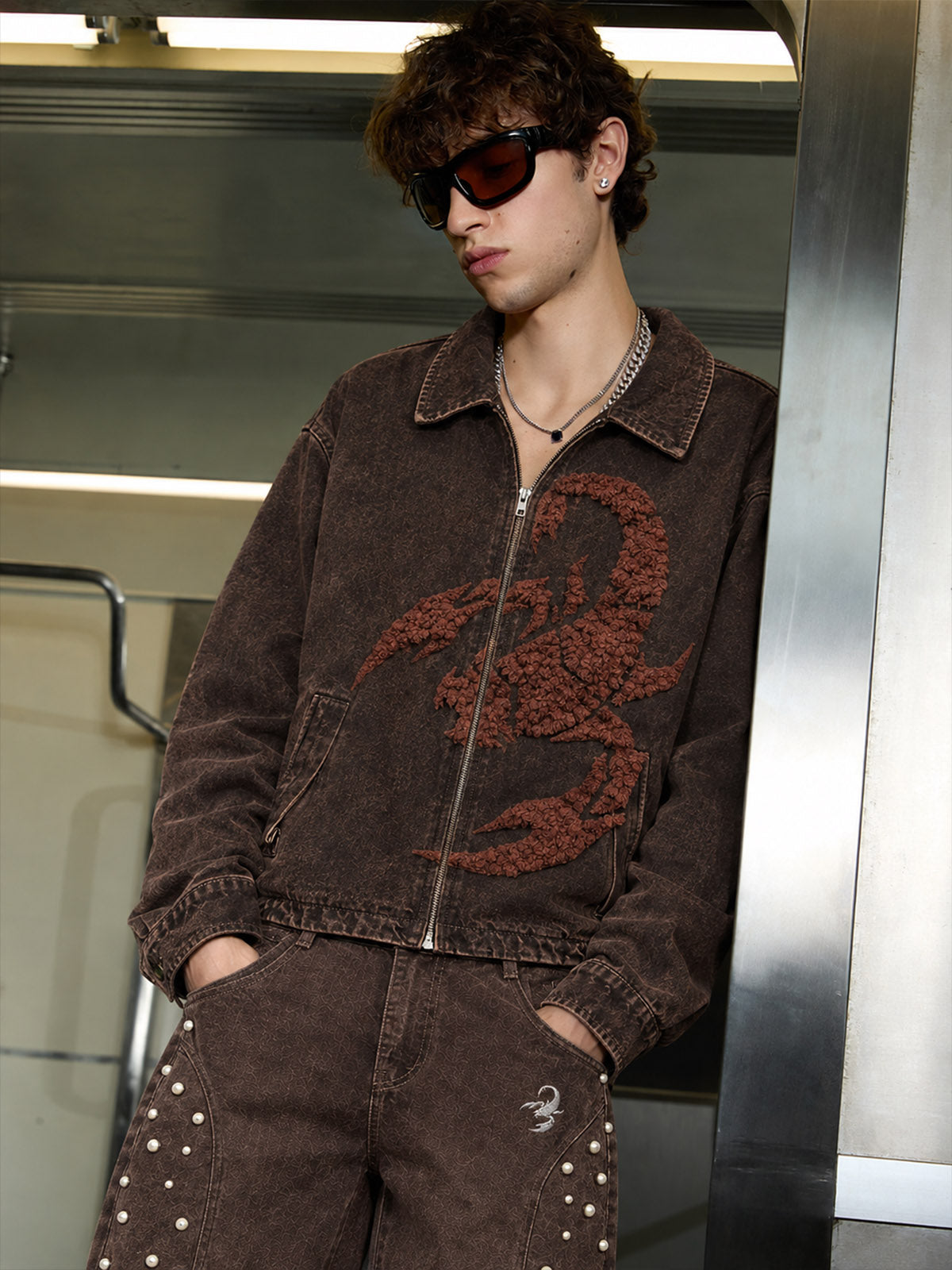 Scorpion Embroidered Washed Distressed Denim Jacket