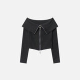 Front view of the black Women's Retro Zip-up Cardigan in a gray background