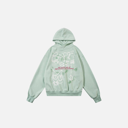 Front view of the green Peace And Chaos Hoodie in a gray background