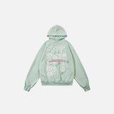 Front view of the green Peace And Chaos Hoodie in a gray background