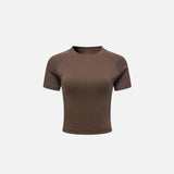 Front view of the coffee Women's Sports T-shirt in a gray background 