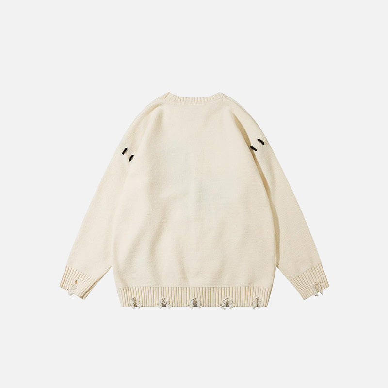 Back view of the beige No internet T-Rex Ripped Loose Sweater in a gray background